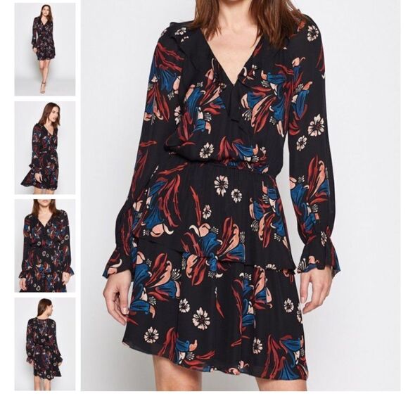 Joie Nour Black Flora Silk Ruffle Neck Long Sleeve Mini Dress New With Tag Sz S - Picture 1 of 7